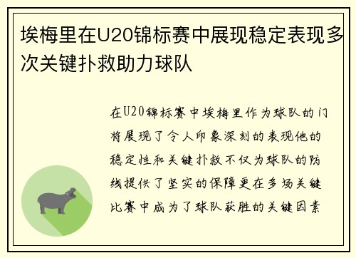 埃梅里在U20锦标赛中展现稳定表现多次关键扑救助力球队